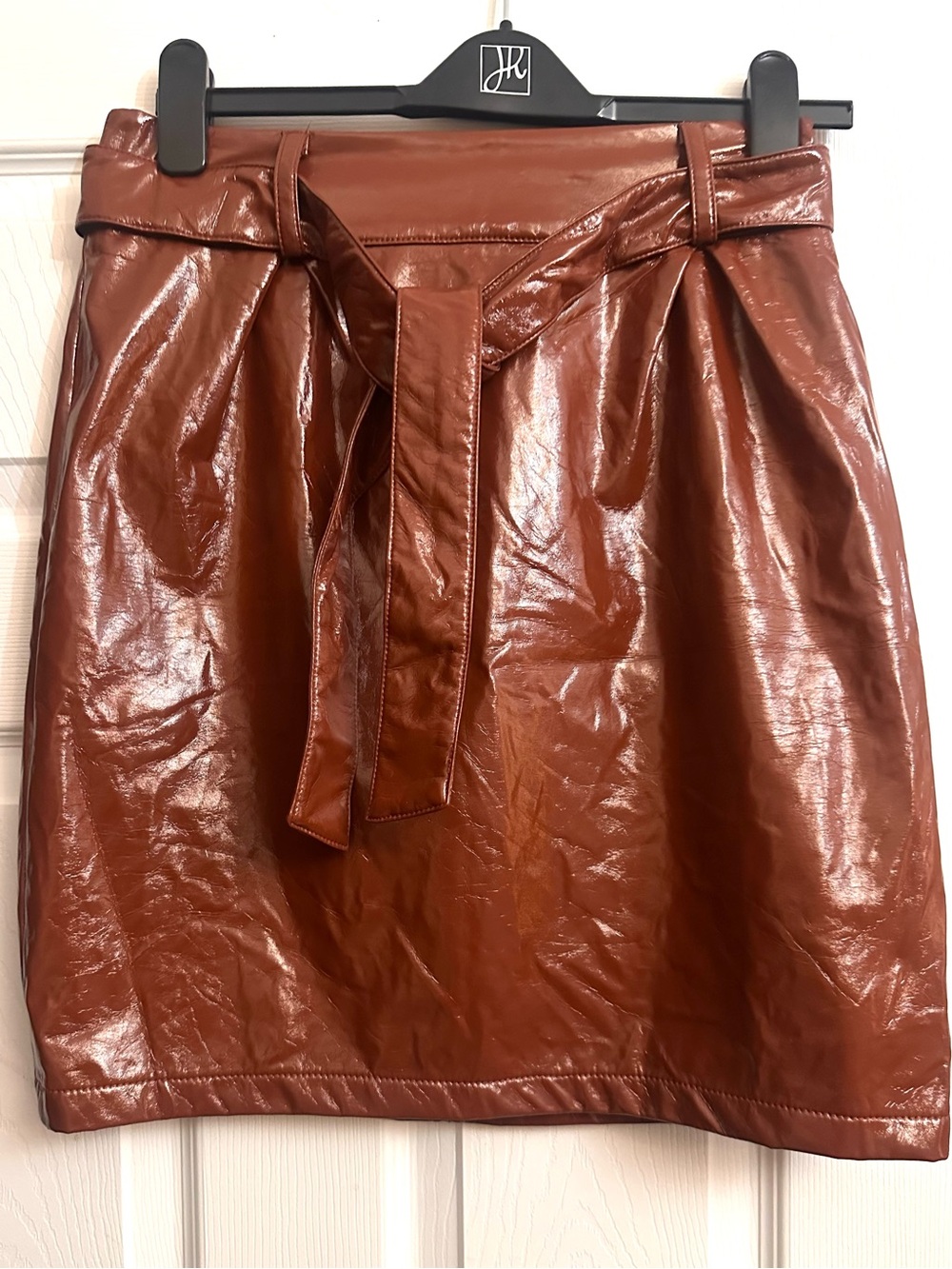 High-Shine Faux Leather Mini Skirt with Paperbag Waist - Brown